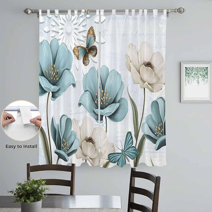 Blue Tulips Living Room Curtains 96 Inch Length, Window Curtains Tab Top, Watercolor Flowers Butterfly Spring Farmhouse Blue Light Filtering Window Treatments Drapes 52"x96" 2 Panel