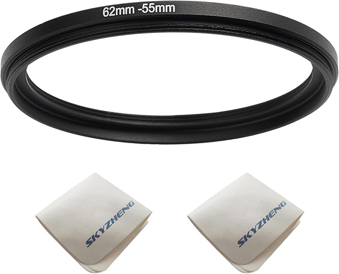 62mm Lens to 55mm Camera Lens Adapter 62mm to 55mm Step Down Ring Adapter Ring for All Brands of UV ND CPL, with Premium Lens Wiping Cloth 2 Pack (62mm-55mm)