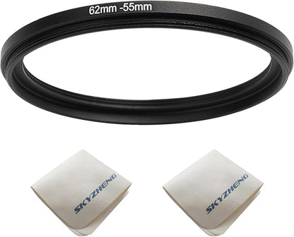 62mm Lens to 55mm Camera Lens Adapter 62mm to 55mm Step Down Ring Adapter Ring for All Brands of UV ND CPL, with Premium Lens Wiping Cloth 2 Pack (62mm-55mm)