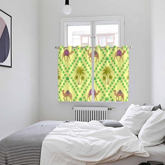 2 Panel Kitchen Cafe Curtains, Desert Sand Camels Sunlight Filtering Nature Air Through, Window Decor Tier Curtains for Living Room 104W x 63L inch Palm Trees Tropical Plants Polka Dot Yellow