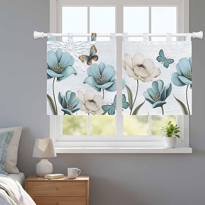 Blue Tulips Kitchen Curtains 36 Inch Length, Small Window Curtains Tab Top, Watercolor Flowers Butterfly Spring Farmhouse Blue Light Filtering Short Window Treatments Tier Drapes 27.5"x36" 2 Panel