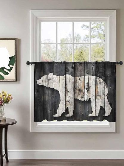Sheer Curtains 45 Inch Length, White Brown Bear Semi Sheer Curtains Light Filtering Window Treatment, Farmhouse Country Vintage Wood Grain Privacy Voile Drapes for Living Room Bedroom 52x45 Inch