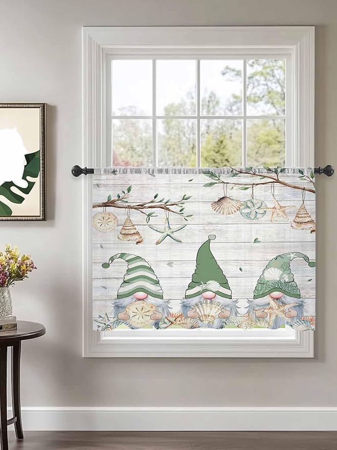 Sheer Curtains 54 Inch Length, Sage Green Gnomes Semi Sheer Curtains Light Filtering Window Treatment, Eucalypus Coastal Anchor Retro Wood Privacy Voile Drapes for Living Room Bedroom 52x54 Inch