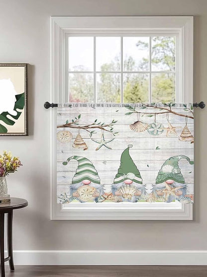 Sheer Curtains 54 Inch Length, Sage Green Gnomes Semi Sheer Curtains Light Filtering Window Treatment, Eucalypus Coastal Anchor Retro Wood Privacy Voile Drapes for Living Room Bedroom 52x54 Inch
