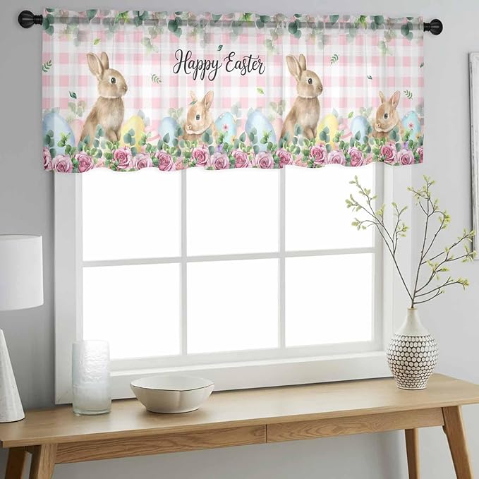 Easter Sheer Valances for Windows 42"x12", Light Filtering Kitchen Curtains Valance, Spring Watercolor Bunny Eggs Flower Leaf Pink Plaid Rod Pocket Chiffon Curtains for Living Room Bedroom Cafe