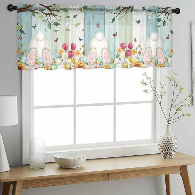 Easter Sheer Valances for Windows 42"x18", Light Filtering Kitchen Curtains Valance, Spring Watercolor Eggs Country Tulip Wooden Grain Rod Pocket Chiffon Curtains for Living Room Bedroom Cafe