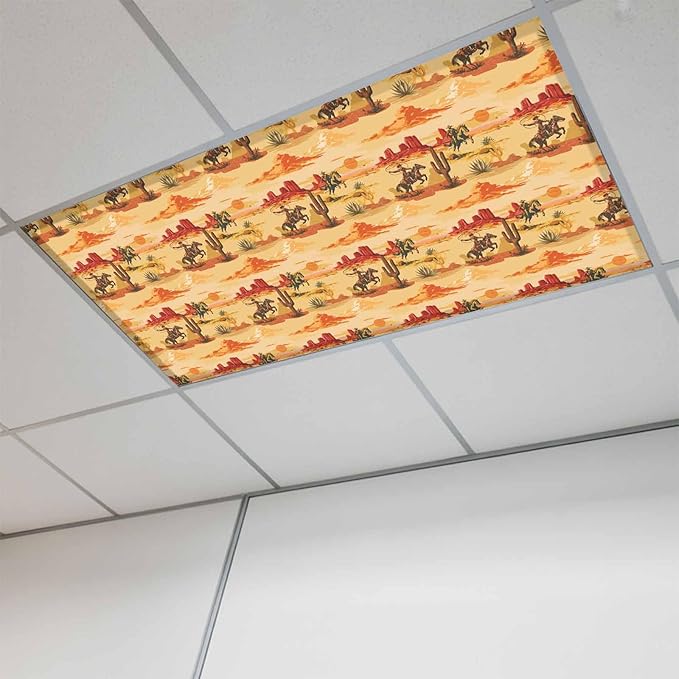 Tropical Plant Cactus Fluorescent Light Covers 1 Pack Western Cowboy Horse Sunset Desert Ethnic Magnetic Fluorescent Ceiling Lights Filters for Office Classroom Home Drop Ceiling 4x2 Feet