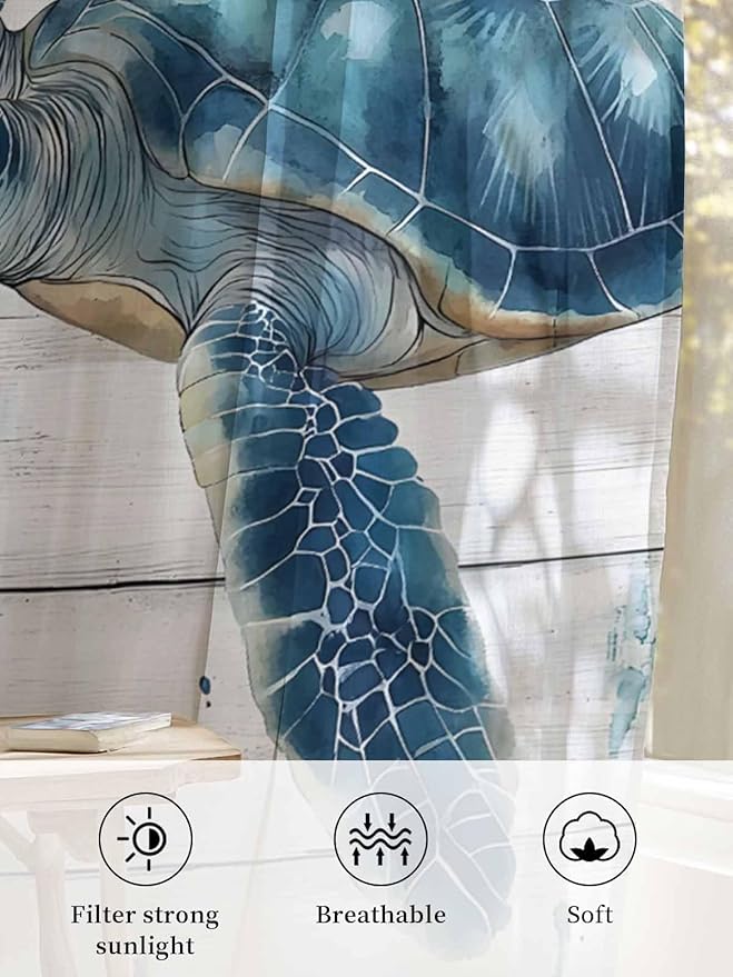 Sheer Curtains 96 Inches Long, Teal Green Ocean Turtle Semi Sheer Curtains Light Filtering Window Treatment, Coastal Seaweed Wood Grain Privacy Voile Drapes for Living Room Bedroom 52x96 Inch