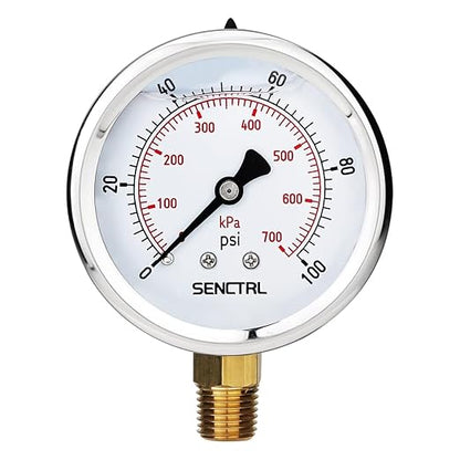 SENCTRL 0-100 Psi Glycerin Liquid Filled Low Pressure Gauge, 2.5" Dial Size, 1/4" NPT Lower Mount, Stainless Steel Case, for Water Pump, Pneumatic Air, Well, RV Hose, Tank, Gas Pressure Test