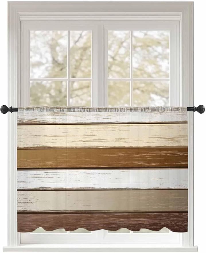 Sheer Curtains 45 Inch Length, Vintage Geometric Brown Semi Sheer Curtains Light Filtering Window Treatment, Farmhouse Country Chic Wood Grain Privacy Voile Drapes for Living Room Bedroom 52x45 Inch