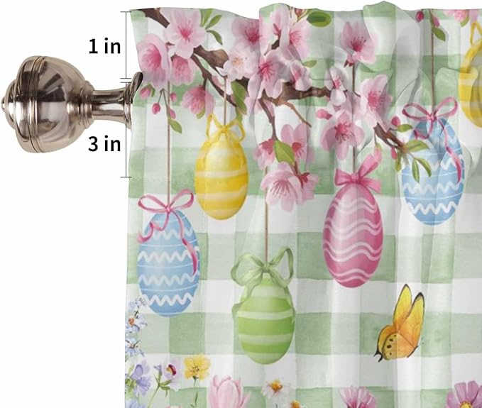 Happy Easter Kitchen Curtains 54 Inches Length, Spring Bunny Eggs Flower Sage Green Plaid Window Treatment Curtain Drapes, Thermal Insulated Drapes for Basement Hotel RV, 42"x54", 2 Panels