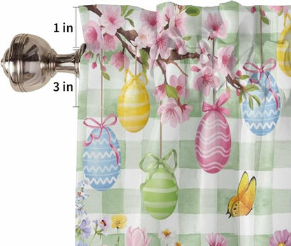 Happy Easter Kitchen Curtains 54 Inches Length, Spring Bunny Eggs Flower Sage Green Plaid Window Treatment Curtain Drapes, Thermal Insulated Drapes for Basement Hotel RV, 42"x54", 2 Panels