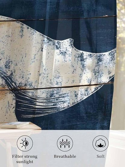 Sheer Curtains 63 Inch Length, Ocean Whale Blue Semi Sheer Curtains Light Filtering Window Treatment, Coastal Vintage Wooden Grain Privacy Voile Drapes for Living Room Bedroom 52x63 Inch
