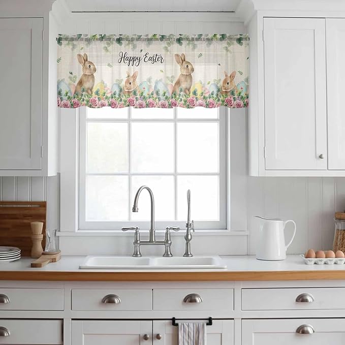 Easter Sheer Valances for Windows 42"x12", Light Filtering Kitchen Curtains Valance, Spring Watercolor Bunny Eggs Flower Leaf Beige Rod Pocket Chiffon Curtains for Living Room Bedroom Cafe