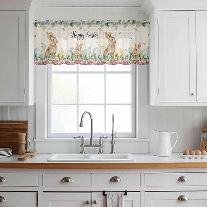 Easter Sheer Valances for Windows 54"x18", Light Filtering Kitchen Curtains Valance, Spring Watercolor Bunny Eggs Flower Leaf Beige Rod Pocket Chiffon Curtains for Living Room Bedroom Cafe
