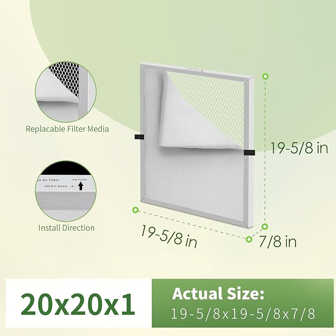 20x20x1 Reusable Air Filter MERV 8 Washable Furnace & AC Filter with 2 Extra Media Pads, Aluminum Electrostatic Air Filters for Home, Fits HVAC System, Air Conditioner, Air Handler