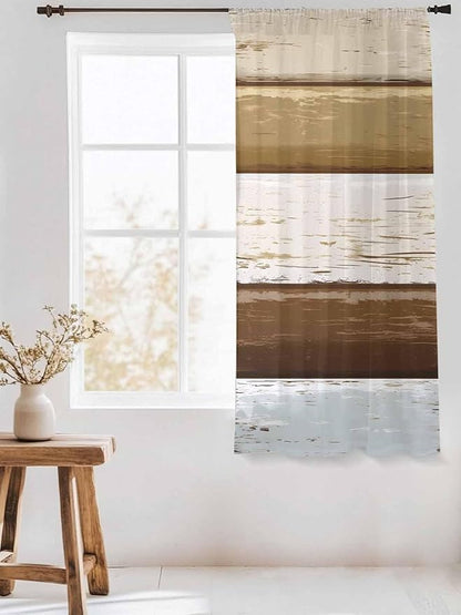 Sheer Curtains 63 Inch Length, Wood Grain Brown Semi Sheer Curtains Light Filtering Window Treatment, Farmhouse Vintage Country Geometric Privacy Voile Drapes for Living Room Bedroom 52x63 Inch