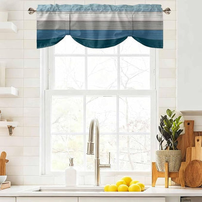 Blue Ombre Wooden Tie Up Valance Curtains for Windows, Kitchen Curtains Window Shades, Farmhouse Retro Wood Gradient Light Filtering Roman Curtain Valances for Bedroom/Bathroom/Cafe 42"x12"