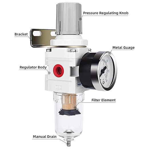 NANPU 1/4" NPT Compressed Air Filter Regulator Combo Piggyback, 5 Micron Brass Element, Poly Bowl, Semi-Auto Drain, Metal Bracket, 0-150 psi Gauge, Ball Valve