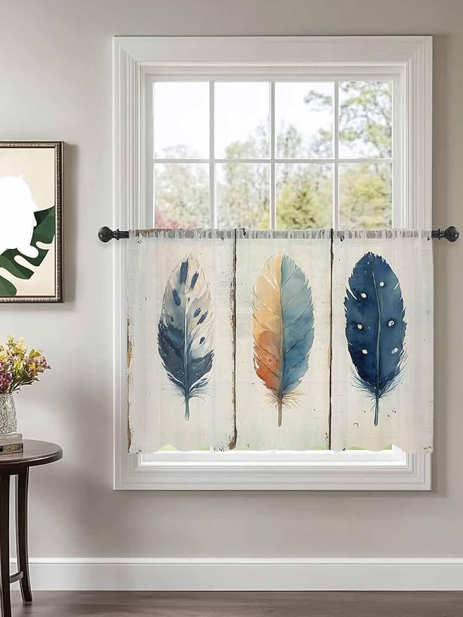 Sheer Curtains 54 Inch Length, Blue Brown Feathers Semi Sheer Curtains Light Filtering Window Treatment, Boho Ombre Vintage Wooden Grain Privacy Voile Drapes for Living Room Bedroom 52x54 Inch