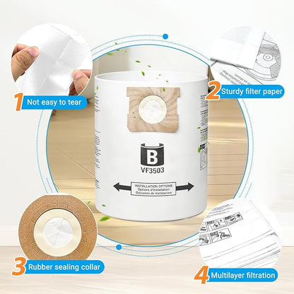 VF3503 Vacuum Bags Compatible with Ridgid 5 to 10 Gallon Wet/Dry Vacs, Size B(10 Pack)