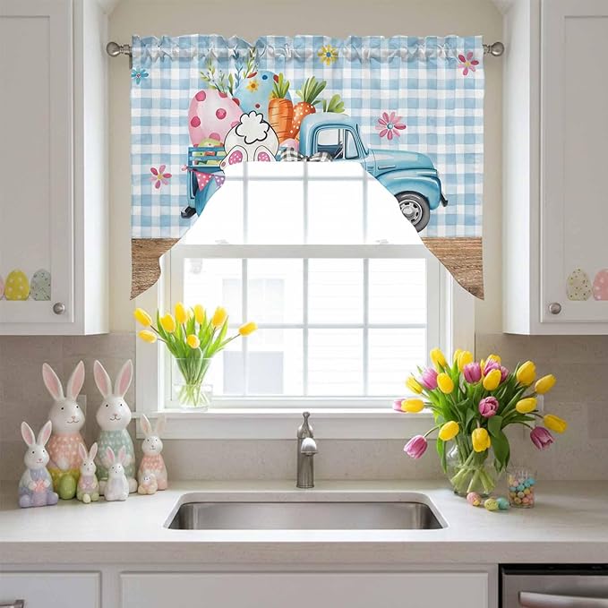 Swag Valance Curtains, Easter Truck with Rabbit Eggs Carrot Rod Pocket Valances Swag Topper for Kitchen Windows, Wood Barn and Blue Checker Light Filtering Short Curtain for Bedroom Bathroom 56x36In
