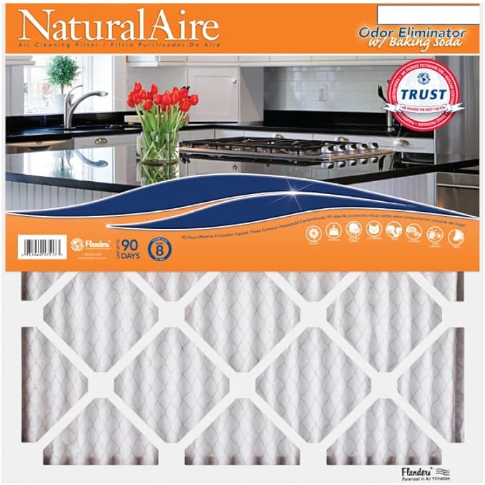 NaturalAire 20x20x1 Pleated Air Filter - Odor Eliminator with Baking Soda, 4-Pack of MERV 8. Controls Household Odors and Traps Harmful Airborne Particles, Lasting Up To 90 Days. 84857.012020