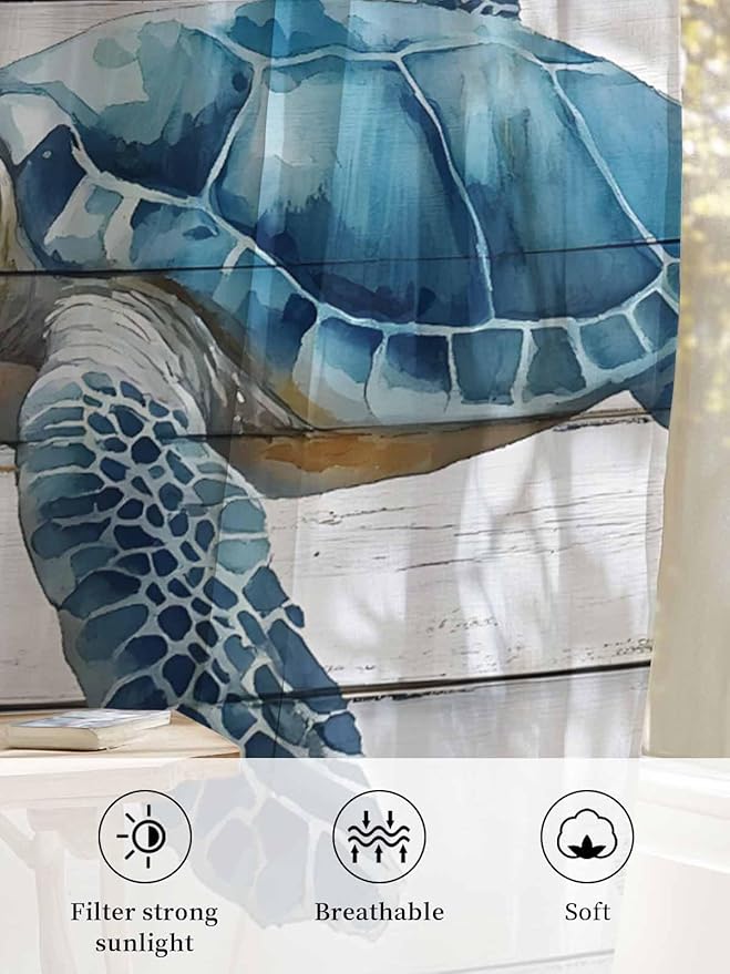 Sheer Curtains 96 Inches Long, Sea Turtle Blue Semi Sheer Curtains Light Filtering Window Treatment, Coastal Ocean Seaweed Wood Grain Privacy Voile Drapes for Living Room Bedroom 52x96 Inch