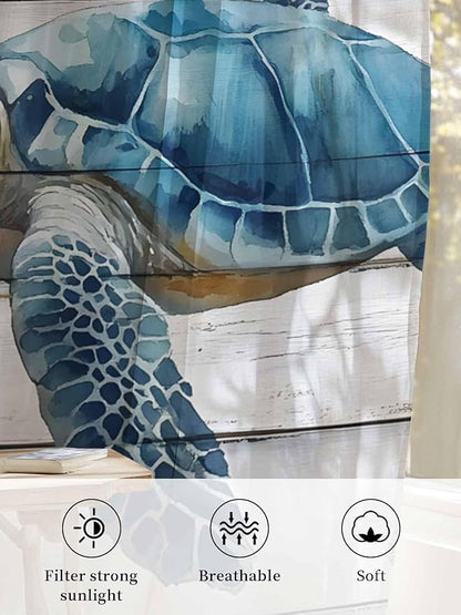 Sheer Curtains 54 Inch Length, Sea Turtle Blue Semi Sheer Curtains Light Filtering Window Treatment, Coastal Ocean Seaweed Wood Grain Privacy Voile Drapes for Living Room Bedroom 52x54 Inch