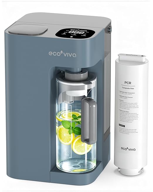 Ecoviva Mate 3 Countertop Reverse Osmosis Water Filter, 8-Stage RO Water Filtration System with 44oz Water Pitcher Smart Auto-Filling, 3:1 Pure to Drain, NSF Certified Tabletop Purifier, Blue