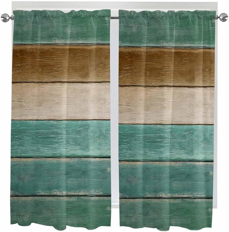Vintage Plank Turquoise Brown Window Valance Curtains, Farmhouse Wood Grain Light Filtering Kitchen Valance with 3-inch Rod Pocket for Living Room Bathroom Bedroom,2 Panel,42x63In