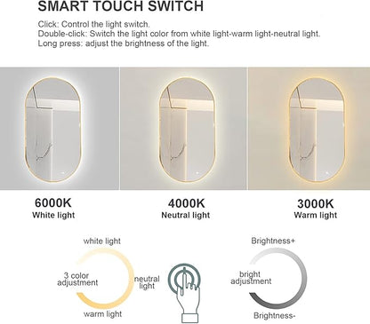 Oval LED Illuminated Bathroom Mirror, Wall-mounted Vanity Makeup Mirror with Demister Pad, 3 Dimmable Color Temperatures & Touch Control, Metal Frame Anti-Fog Lighted Wall Mirror ( Color : Golden Fram