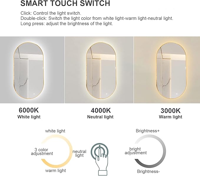Oval LED Illuminated Bathroom Mirror, Wall-mounted Vanity Makeup Mirror with Demister Pad, 3 Dimmable Color Temperatures & Touch Control, Metal Frame Anti-Fog Lighted Wall Mirror ( Color : Black Frame