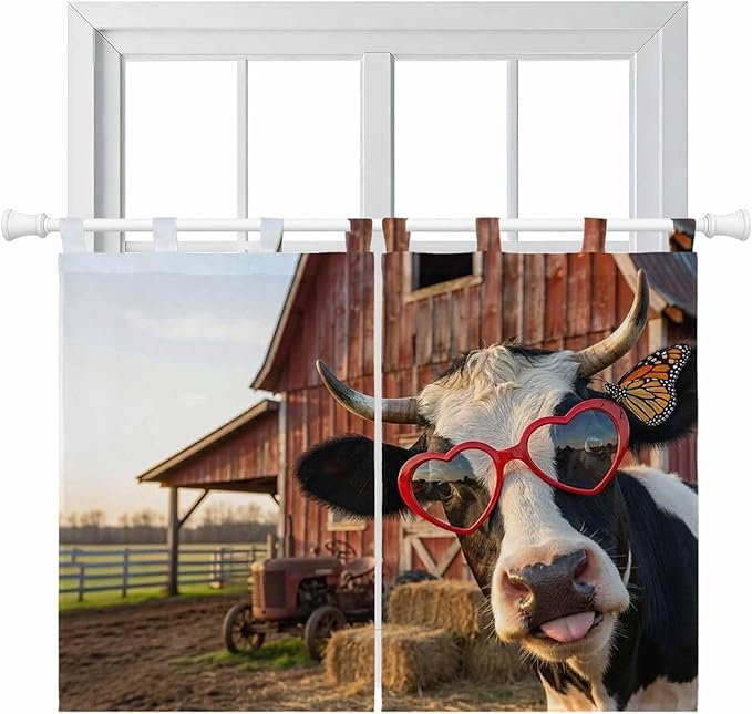 Farm Cows Bedroom Curtains 63 Inch Length, Window Curtains Tab Top, Farmhouse Barn Funny Animals Butterfly Light Filtering Window Treatments Drapes 42"x63" 2 Panel