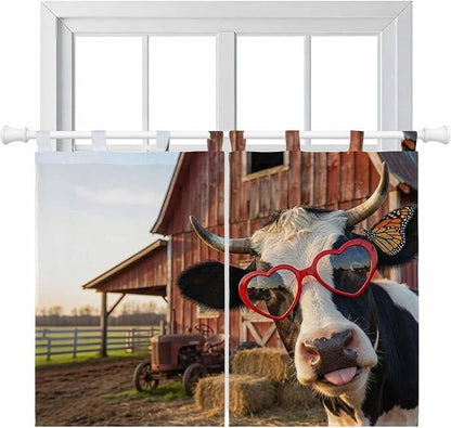 Farm Cows Bedroom Curtains 63 Inch Length, Window Curtains Tab Top, Farmhouse Barn Funny Animals Butterfly Light Filtering Window Treatments Drapes 42"x63" 2 Panel