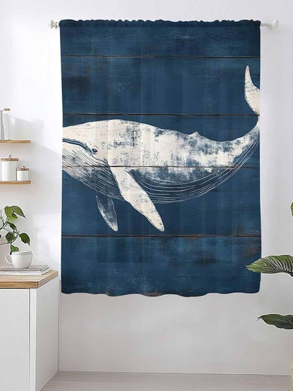 Sheer Curtains 63 Inch Length, Summer Whale Semi Sheer Curtains Light Filtering Window Treatment, Ocean Vintage Wooden Grain Blue Privacy Voile Drapes for Living Room Bedroom 52x63 Inch