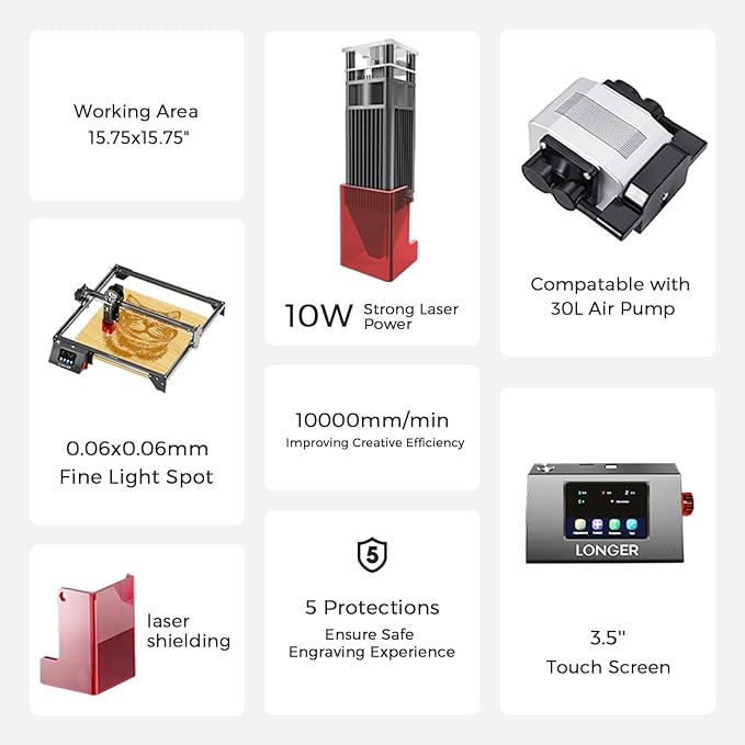 Longer RAY5 10W Laser Engraver with Air Pump, Limit Switch Kit and Y-Axis Extension Kit, Expand Working Area to 33.46" x 15.75", 3.5” Color Touch Screen, DIY Engraver Tool for Metal/Glass/Wood