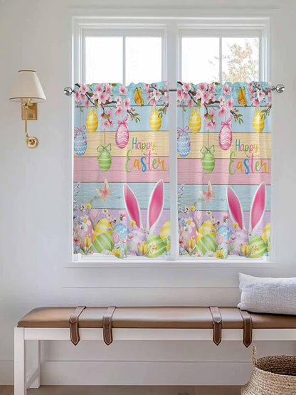 Colorful Easter Tier Curtains 45 Inches Long, Spring Watercolor Bunny Egg Flower Wood Grain Window Treatment Curtain Drapes, Small Curtain Drapes for Bathroom Laundry Room, 27.5"x45", 2 Panels