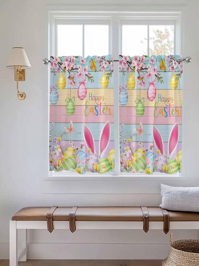 Colorful Easter Kitchen Curtains 54 Inches length, Spring Watercolor Bunny Egg Flower Wood Grain Window Treatment Curtain Drapes, Decorative Window Curtains for Bedroom Cafe, 52"x54", 2 Panels