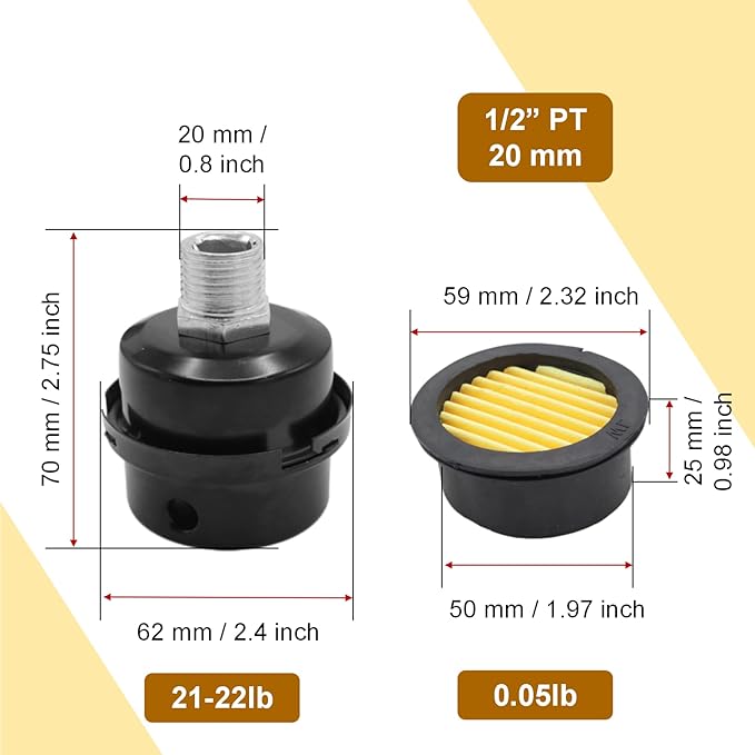 Pack of 2 Air Compressor Silencer with Replacement Elements, 1/2" Thread Air Compressor Intake Filter Silencer, 20mm Metal Air Compressor Filter Noise Muffler Replacement Parts