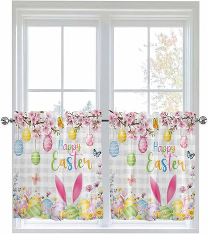 Happy Easter Half Window Curtain 36 Inches Long, Spring Watercolor Bunny Eggs Flower Grey Plaid Window Treatment Curtain Drapes, Small Tier Curtains for Bathroom Over Sink, 27.5"x36", 2 Panels