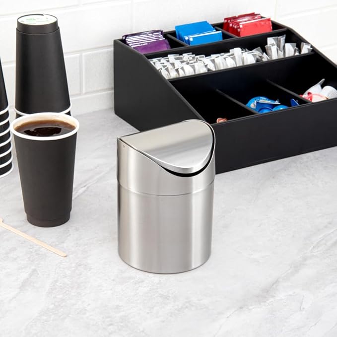 Restaurantware RW Clean 0.4 Gallon Countertop Garbage Can 1 Compact Mini Trash Bin - Swing Top Lid Avoids Rust & Stains Stainless Steel 201 Tabletop Garbage Can For Kitchens & More