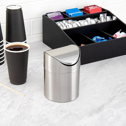 Restaurantware RW Clean 0.4 Gallon Countertop Garbage Can 1 Compact Mini Trash Bin - Swing Top Lid Avoids Rust & Stains Stainless Steel 201 Tabletop Garbage Can For Kitchens & More