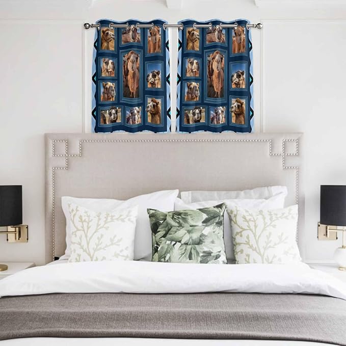 2 Panel Kitchen Cafe Curtains, Desert Camels Sunlight Filtering Nature Air Through, Home Decor Window Covering Tier Curtains for Living Room 104W x 52L inch Wildlife Brown Animals Blue Geometric