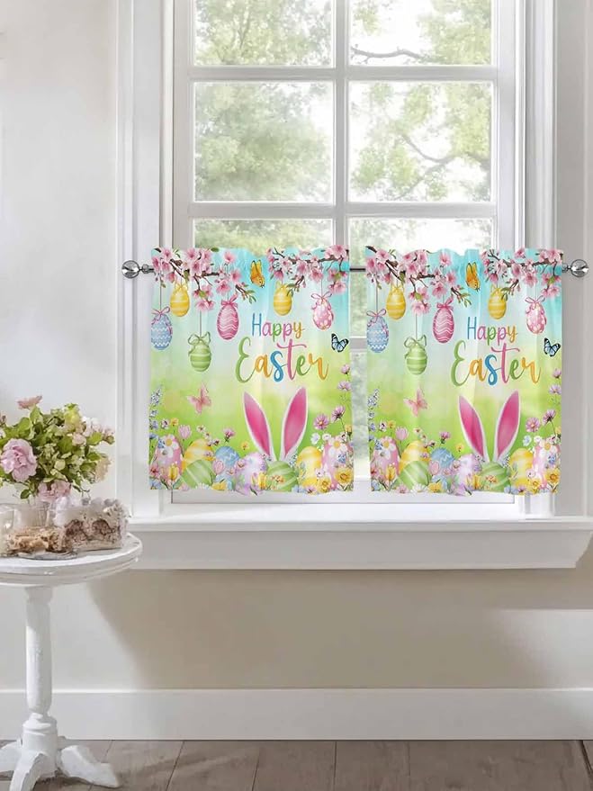 Easter Half Window Curtain 36 Inches Long, Spring Bunny Colorful Rabbit Eggs Butterfly Blue Green Window Treatment Curtain Drapes, Small Tier Curtains for Bathroom Over Sink, 27.5"x36", 2 Panels