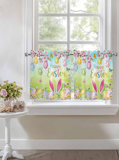 Easter Half Window Curtains 24 Inches Long, Spring Bunny Colorful Rabbit Eggs Butterfly Blue Green Window Treatment Curtain Drapes, Short Curtains Tiers for Kitchen Over Sink, 27.5"x24", 2 Panels