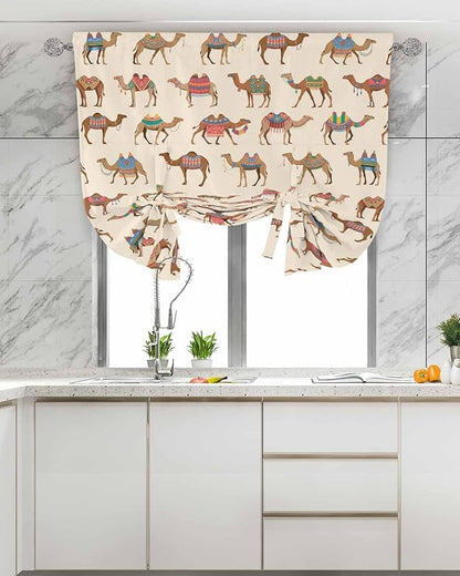 Tie Up Curtains for Windows, Summer Camels Adjustable Balloon Nature Linen Textured Kitchen Curtain, Farmhouse Retro Cartoon Desert Animals Blackout Curtains for Living Room, 46 x 63 Inches