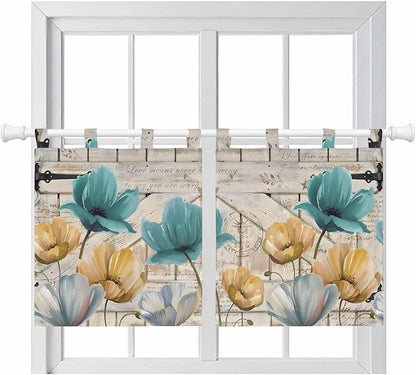 Watercolor Flowers Kitchen Curtains 24 Inch Length, Small Window Curtains Tab Top, Vintage Tulips Floral Barn Doors Wood Grain Light Filtering Short Window Treatments Tier Drapes 27.5"x24" 2 Panel