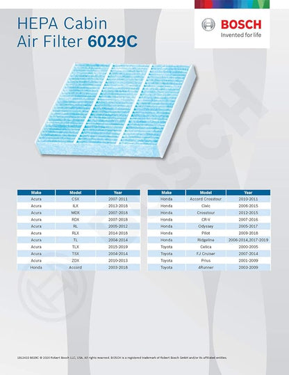BOSCH 6029C HEPA Cabin Air Filter - Compatible With Select Acura CSX, ILX, MDX, RDX, RL, RLX, TL TLX, TSX, ZDX; Honda Accord, Civic, Crosstour, CR-V, Odyssey, Passport, Pilot, Ridgeline