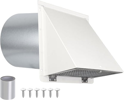 10 Inch Hooded Wall Vent with Screen and Damper,Galvanized Steel Exterior Wall Exhaust Vent Cover Cap for Kitchen Range Hood Duct Ventilation Outside Air Exhaust Applications,White